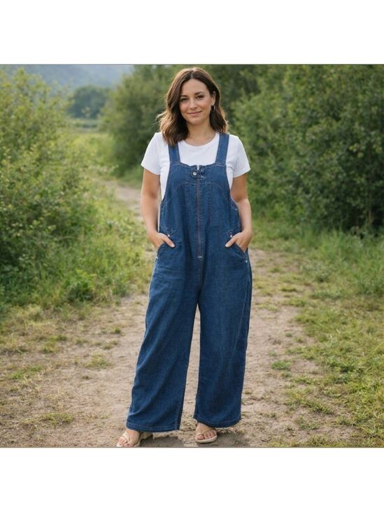 Free People Pants - FREE PEOPLE SOFT BLUE DENIM OVERALLS ZIP FRONT SNAP CLOSURE WIDE LEG SIZE MEDIUM